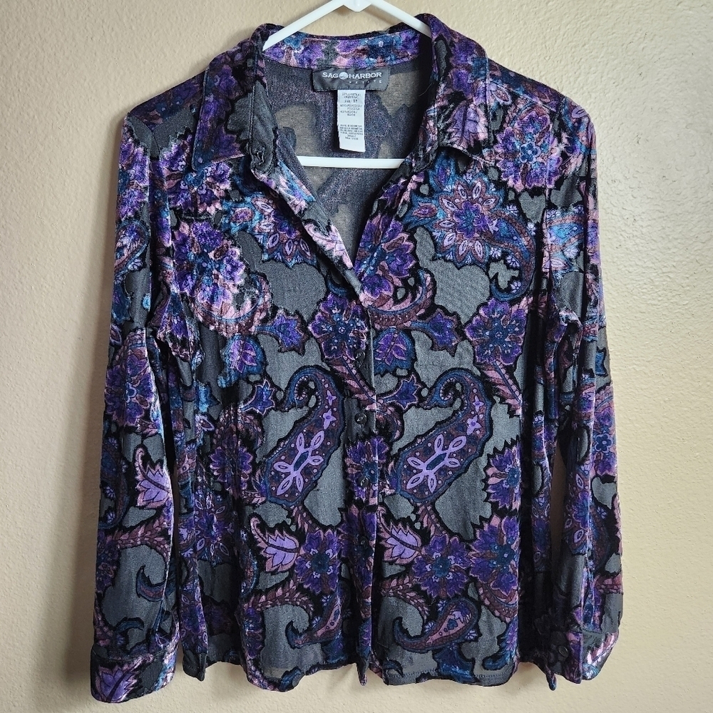 Sag Harbor Wmns Y2K Paisley Velvet/Mesh Burnout Collared Buttonfront Shirt |10P|